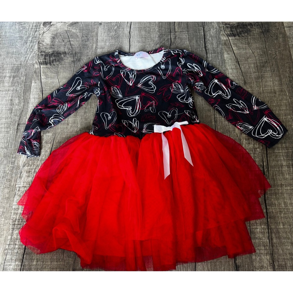 Pete + Lucy Girls Heart Print Long Sleeve Red Tulle Tutu Dress 4T